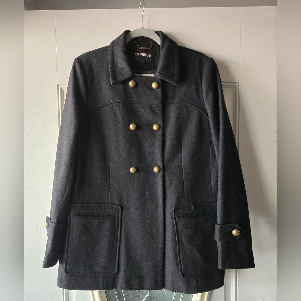 Express Womens Black Wool Blend Military Peacoat – Size‎ Large